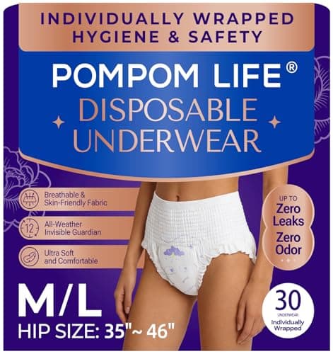 POMPOM LIFE Individually Wrapped Disposable Incontinence Underwear for Women | Maximum Absorbency Adult Diapers | Soft & Breathable Briefs, Disposable Postpartum Underwear for Women Travel
