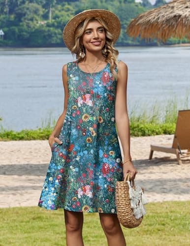 Zeagoo Summer Tank Dress Short Sundresses for Women Sleeveless Summer Dresses 2026 Pleated Loose Swing Aline Dress Floral Boho Sundress 0-Neck Mini Dresses with Pockets Colorful - Thumbnail 3