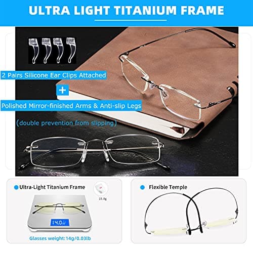 TOVEEN Titanium Rimless Reading Glasses Blue Light UV Blocking, Ultralight Frameless Spring Hinge Readers with Case for Men Women 2 Pair +2.5 - Thumbnail 4
