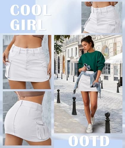 EARKOHA Women's Mini Cargo Skirt Y2K Button Low Waist Short Skirts Bodycon Denim Jean Skirt with Flap Pockets White XL - Thumbnail 5