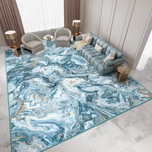 GEMBED Washable Area Rug 9x12 - Artistic Style Modern Rug for Living Room Bedroom Dining Room, Soft Low Pile Machine Washable Carpet, Non Slip Non Shedding Area Rug - Blue/Gold, 9'x12' - Image 1