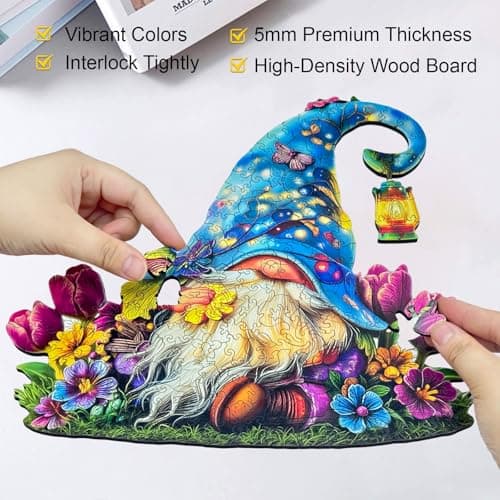 Wooden Puzzle for Adults, Dreamy Gnome Wooden Jigsaw Puzzle 300 Piece, Unique Shape Wooden Puzzles Adults, Challenging Spring Garden Flower Gnome Puzzles for Family Game Night Wall Art Decor 15*14.5in - Thumbnail 6