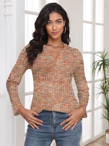 COCOMARTS Womens Waffle Knit V Neck Tops Long Sleeve Henley Shirts Casual Blouses Fall Winter Outfits 2025 Trendy Clothes Golden Apricot XX-Large - Thumbnail 3