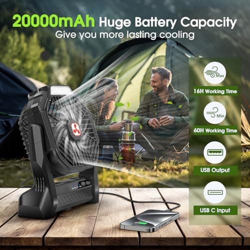 Portable Rechargeable Fan, 20000mAh Cordless Battery Powered Camping Tent Fans with LED Lantern, Small USB C Operated Outdoor Ventilador for Travel Camp Fishing Picnic Beach Office Home Essentials - Thumbnail 2