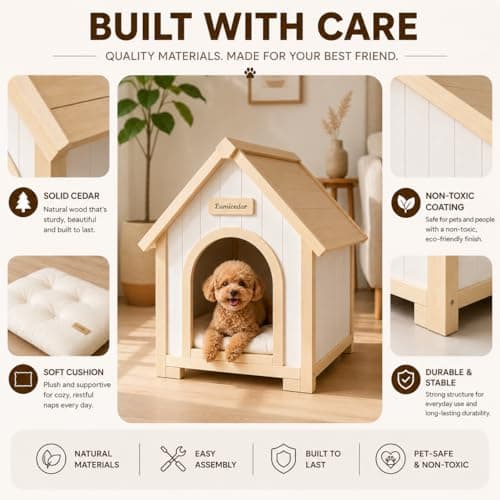 Lumicedar Indoor Dog House for Small Dogs, Solid Cedar Wood Dog House Indoor, A-Frame Wooden Dog House, Arched Door & Soft Dog Bed, Dog House for Dogs & Cats(Natural, 21.7" L x 23.6" W x 27.6" H) - Thumbnail 3