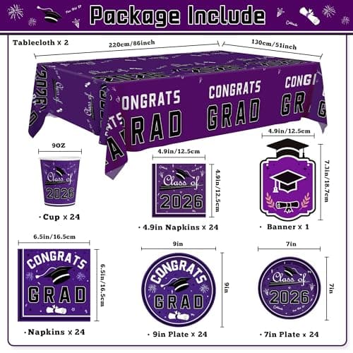 OHOME Graduation Party Decorations 2026 - Graduation Decorations Class of 2026 - Serve 24 - Purple Plates Tablecloth Napkins Cups Graduation Banner- Graduation Party Favors Supplies - Thumbnail 2