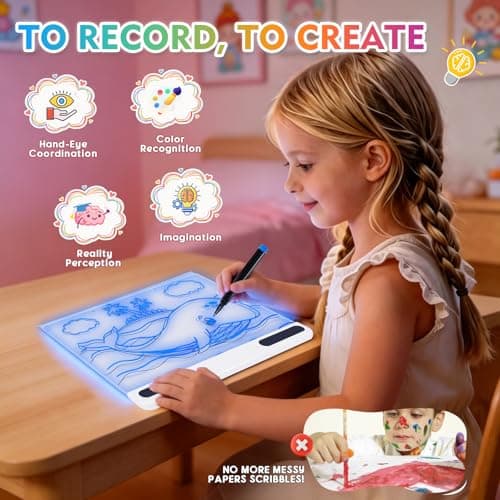 Rechargeable Led Drawing Board, 16" Glow Doodle Light-Up Tablet with 13 Color Effects, Neon Dry Erase Pad with Stand, 7 Markers & Tracing Book, Birthday Holiday Day Gifts Gifts for Kids/Girls/Teens - Thumbnail 2