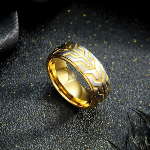 SYDNFZY Mens Wedding Band Ring - 8mm Fashion Classic Stainless Steel Engagement Promise Rings for Men Women, Cool Tire Tread Pattern Ring for Men Biker Bands Comfort Fit Jewelry Gift Ring Size 7 8 9 10 11 (Gold, 8) - Thumbnail 5