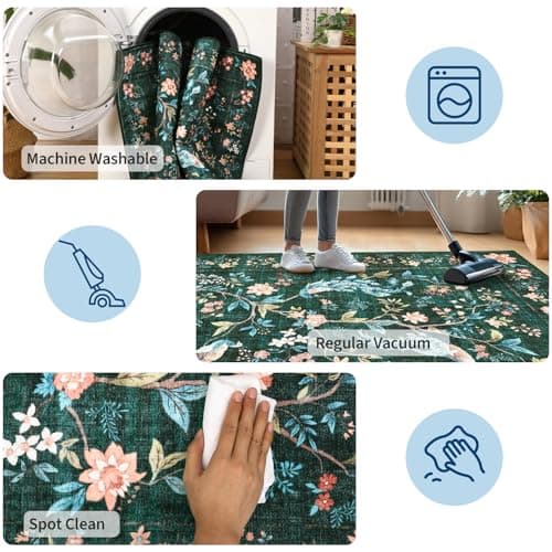 GarveeHome Large Area Rugs 9x12 for Living Room, Dark Green Washable Rug Soft Non Slip Backing Floor Mat Carpet Indoor Floral Peacock Accent Rug for Bedroom Dining Room Playroom Nursery Home Decor - Thumbnail 4