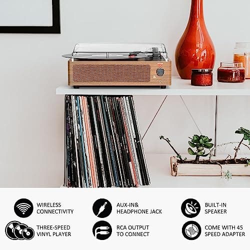 Retro Record Player for Vinyl with Speakers Vintage Turntable Vinyls Records Belt-Driven Turntables 3-Speed 3 Size 33 1/3 45 78 RPM Wireless Playback Headphone AUX RCA Line LP Vinyl Players Wood Grain - Thumbnail 6