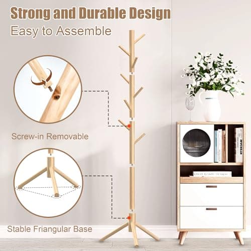 Aliphon Wooden Coat Rack Stand, Freestanding Coat Rack with 8 Hooks, 3 Adjustable Size Coat Tree for Hats, Coats, Scarves bags, Coat Hanger Stand Used in Bedroom/Office/Entryway,2 PCS (Natural) - Thumbnail 5