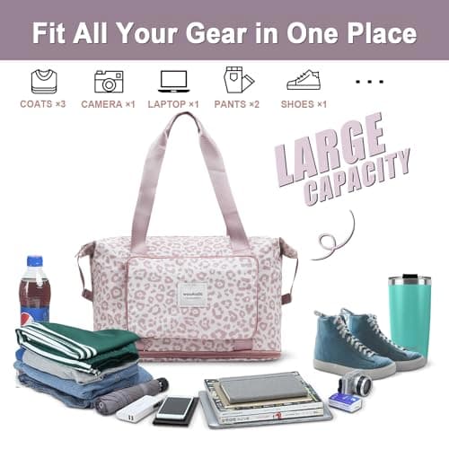WOOMADA Foldable Travel Duffel Bag, Weekender Bags for Women, Tote Bag with Expandable Space, Carry on bags for airplanes with Wet Pocket & Trolley Sleeve, Gym Bag for Women (pink leopard) - Thumbnail 3