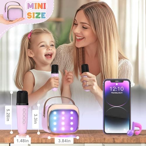 FLUESTON Mini Karaoke Machine for Kids Adults, Portable Bluetooth Speaker with 2 Wireless Microphones, Toys for Girls Ages 3, 4, 5, 6, 7, 8, 9,10,11+ Years Old, Birthday Easter Basket Stuffer for Kids - Thumbnail 6