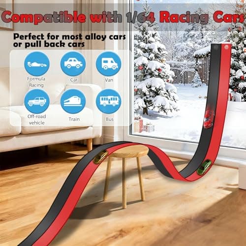 Flexible Race Track 15 Ft Starter Set, Flex Tracks for Kids 3+ with Strong Suction Cups, Flexible Car Race Ramp Track Compatible with Hot Wheels and Diecast 1/64 Cars, Portable Rolls Up Race Tracks - Thumbnail 2