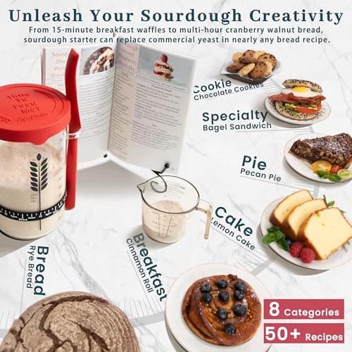 Sourdough Starter Kit - 38oz with Cookbook, Measuring Cup, Spatula, Wide Mouth Jar Cover, Thermometer, Date Marked Feeding Band, Glass Jar for Baker, Bread Baking Supplies - Thumbnail 5
