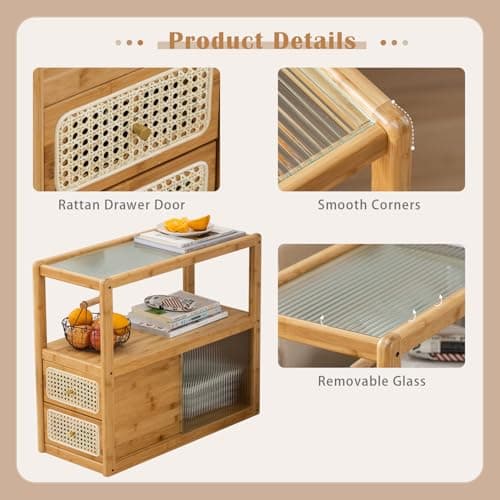 SOBIBO Bamboo Side Table Nightstand with Rattan Drawer & Glass Top – Multi-Function End Table, Nightstands with Storage for Bedroom, Living Room, and Small Spaces, Nature - Thumbnail 4