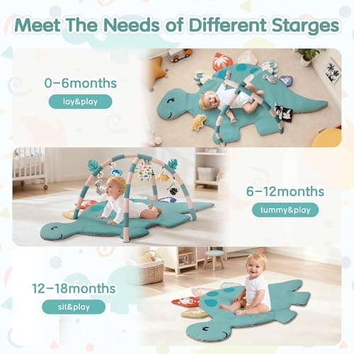 Baby Tummy Time Mat, Oversize Dinosaur Shaped Baby Play Gym Mat with 6 Toys, Play Mat for Babies 0-6-12 Months Promotes Motor Skills & Sensory Development, Newborn Essentials Infant Shower Gift - Thumbnail 5