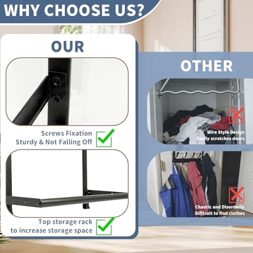 Thrivinest Over The Door Clothes Hanger, Metal Over The Door Rod for Clothes with 2 Hooks, Clothing Hanger Drying Racks for Laundry, Bedroom, Bathroom, Living Room,Office, Fits Door Up to 1.77" - Thumbnail 5
