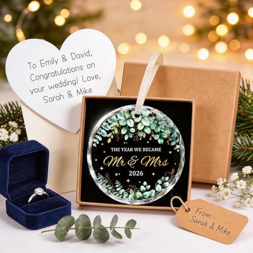 Wedding Gifts for Couples 2026, Premium Crystal Glass First Christmas Married Ornament, Mr and Mrs Gifts for Newlyweds, Just Married Bridal Shower Decor, Unique Keepsake Present for Bride & Groom - Thumbnail 2