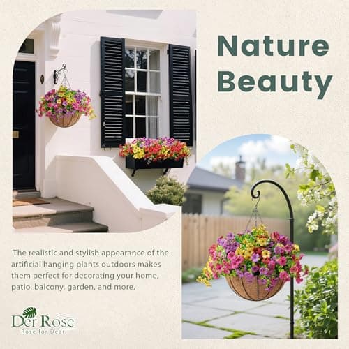 Der Rose Artificial Hanging Flowers Basket for Outdoors Fake Hanging Plants Spring Summer Decoration UV Resistant for Garden Front Porch Patio Balcony Decor - Thumbnail 6