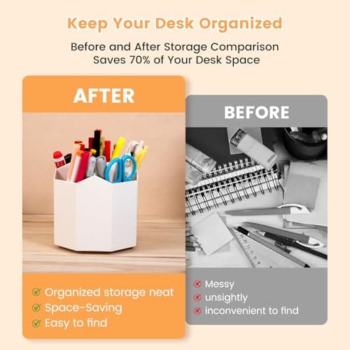 bibiage Pencil Pen Holder, 360° Rotating Pen Holder, Desk Organizer with 5 Slots, Desktop Stationery Storage for Office, School & Home, Art Supplies Desktop Decor, White - Thumbnail 5