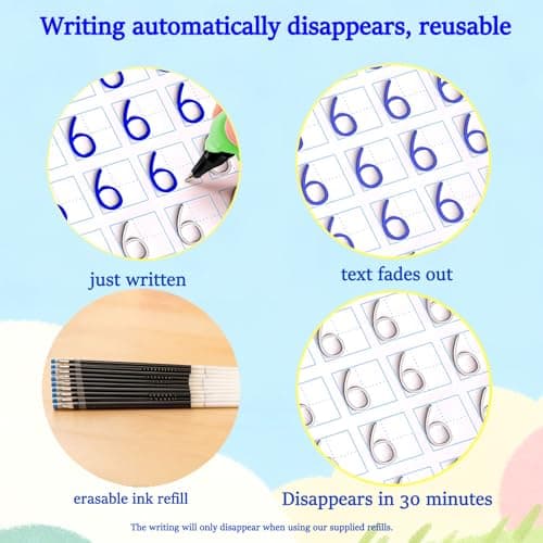 Magical Handwriting Workbooks Handwriting Practice Magic Copybook, Handwriting Aid Magic Pen Reusable Copybook Grooves Template Design for Children(4 Books, 10 Pens & 1 Pencil Grip) - Thumbnail 4