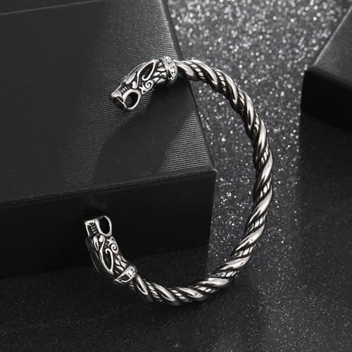 TURTLEDOVE Viking Wolf Fenrir Bangle - Adjustable Stainless Steel Norse Scandinavian Torc - Thumbnail 2
