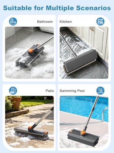 Floor Scrub Brush with Long Handle, 4 in 1 Shower Scrubber with Floor Squeegee and Heavy-Duty Stiff Bristle Push Broom for Cleaning Shower Bathroom Patio Pool Kitchen Wall Deck Tile Garage - Thumbnail 6