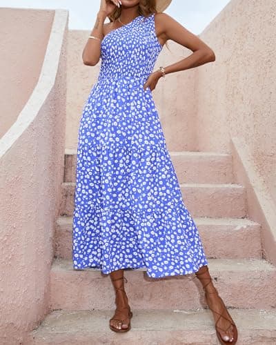 BTFBM 2025 Summer One Shoulder Dresses for Women Casual Sleeveless High Waist Floral Flowy Smocked Boho Beach Maxi Dress(Floral Blue White, Small) - Thumbnail 6