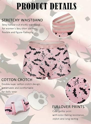 Dircho Women's Gothic Boy Short Panties 4 Pack, Spooky Cute Skull Print Mesh Boxer Briefs for Women - Thumbnail 4