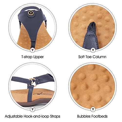 Athlefit Women's Comfortable Orthopedic Sandals Thong Dressy T-Strap Orthotic Casual Summer Arch Support Navy Sandals size 6.5 - Thumbnail 5