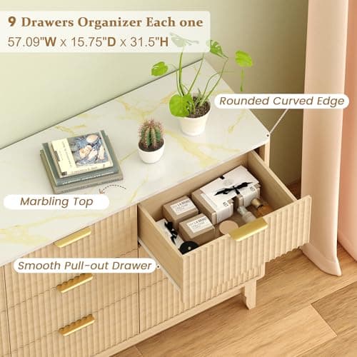 GlouMod Wood Dresser for Bedroom, 57" Long 9 Drawers Dresser with Marble White Top, Fluted Panel, Smooth Curve for Hallway, Natural Oak - Thumbnail 4