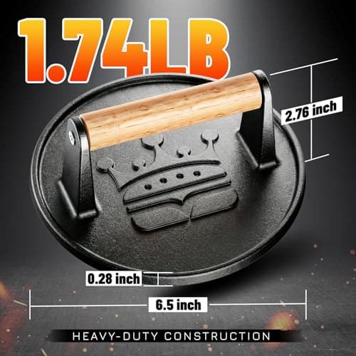 Basinel Smash Burger Press 6.5”, Cast Iron Flat Round Edge Grill/Bacon/Meat/Hamburger/Chef Press with Wood Handle, 1.74lb Hamburger Press Patty Maker, Nonstick Burger Smasher for Blackstone Griddle - Thumbnail 5