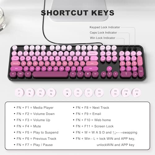 Dliter Wired Keyboard, 104 Keys Full Size Typewriter Keyboards, USB Plug and Play Office Keyboard with Number Pad, Caps Indicators, Foldable Stands for Windows, PC, Laptop (Black Pink) - Thumbnail 5