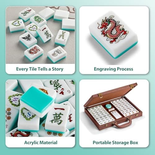 Color Al chemist American Mahjong Tile Set, 166 Vintage-Inspired Acrylic Engraved Tiles with Wind Indicator & Dice, Retro Leather Travel Case | Meaningful Present for Mahjong Social Circles - Thumbnail 3