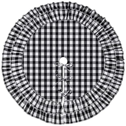 Black and White Buffalo Plaid Christmas Tree Skirt with Ruffles, Christmas Gingham Tree Skirt Farmhouse Style 48 Inches, Rustic Winter Xmas Holiday Tree Decorations for Easter Party - Thumbnail 2