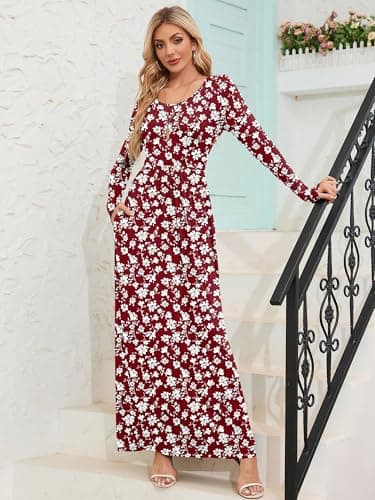 DEARCASE Maxi Dress for Women Floral Wine Red White Little Flower Large Round Neck Boho Long Sleeves A-line Casual Hawaiian Empire Waist Flowy Party Vintage Spring Fall Winter Dresses with Pocket - Thumbnail 3