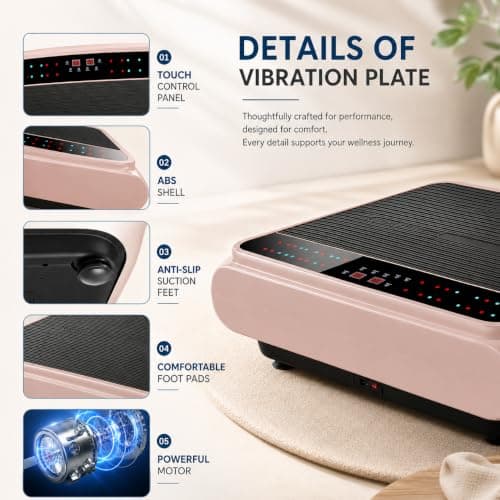 Natini Vibration Plate Exercise Machine - Whole Body Vibration Platform Machine with Pilates Bar Resistance Bands for Home Fitness Training Equipment & Weight Loss (Pink) - Thumbnail 6