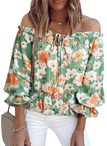 BLENCOT Sexy Floral Off Shoulder Blouse for Women Summer 3/4 Ruffle Sleeve Chiffon Shirts Tops Green L - Image 1