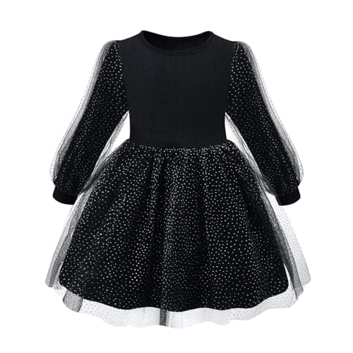 Little Bitty Girls Long Sleeve Sequin Tulle Dress Wave Pattern, Crew Neck Layered Lantern Sleeves Winter Christmas Black 6T - Image 1