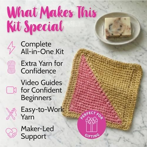 KnitPal Everyday Joy Tunisian Crochet Dishcloth Kit for Confident Beginners – Make 4 Reusable Dishcloths – Cotton Yarn, Tunisian Crochet Hook, 2 Patterns & Video Tutorials (Camel Brown+Flamingo Pink) - Thumbnail 2