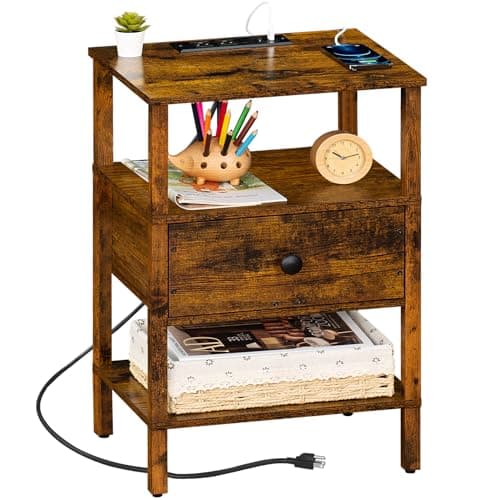 Lerliuo Nightstand with Charging Station and USB Ports, 3-Tier Storage End Table with Drawer Shelf, Night Stand for Small Spaces, Wood Bedside Table for Living Room, Bedroom - Retro Brown… - Image 1