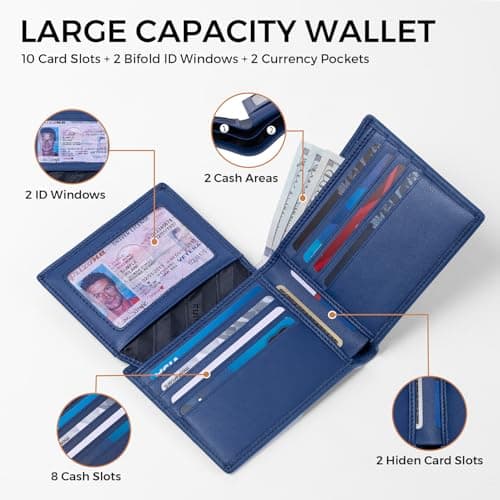 Genuine Leather Wallet for Men 12 Cards Mens Wallet Bifold Rfid Blocking with 2 ID Windows Card Holder Wallet with Gift Box - Thumbnail 3
