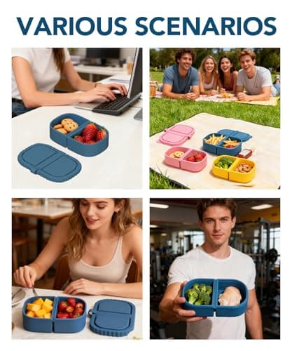 Niifawh 3 Pack Reusable Silicone Snack Containers, 8 oz Double Compartment Portable Snack Box with 3 Forks, Small Leakproof Food Storage Containers with Lids for Salad Dressing Sauce - Thumbnail 6