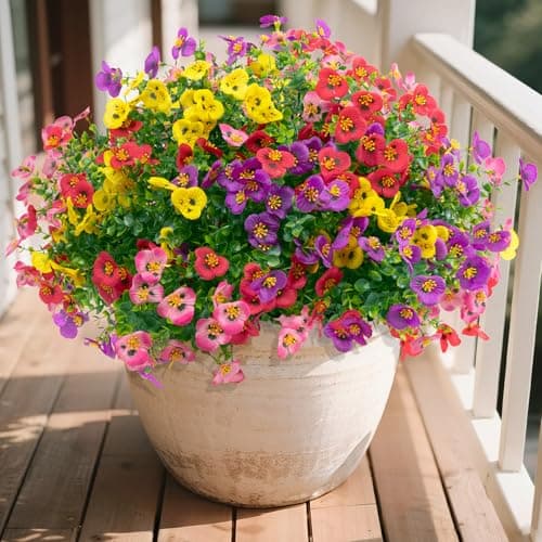 U'Artlines Artificial Flowers for Outdoors, 16 Bundles Fake Flowers Realistic Pansies Plants with Eucalyptus, UV Resistant No Fade Look Real Faux Silk Flower for Outside Planter Porch Garden Patio - Image 1