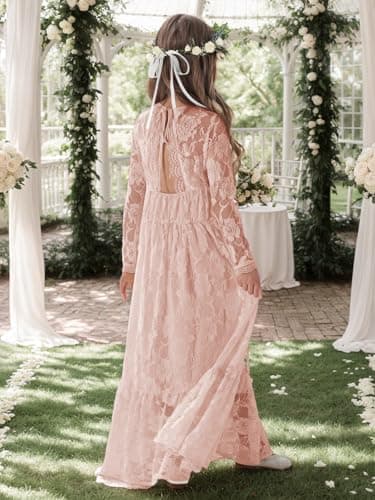 ALLOVIN Toddler & Girls Long Sleeve Lace Flower Girl Dress Maxi Boho A-Line Dress for Wedding Baptism 1st Communion | Dusty Pink | 4-5Y - Thumbnail 6