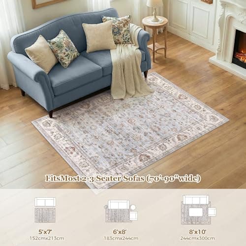 WITSHOCK 8x10 Area Rugs Living Room: Washable Large Neutral Vintage Soft Rug Stain Resistant Non-Slip Farmhouse Indoor Low Pile Floor Carpet for Bedroom Nursery Office(Blue Gray) - Thumbnail 2