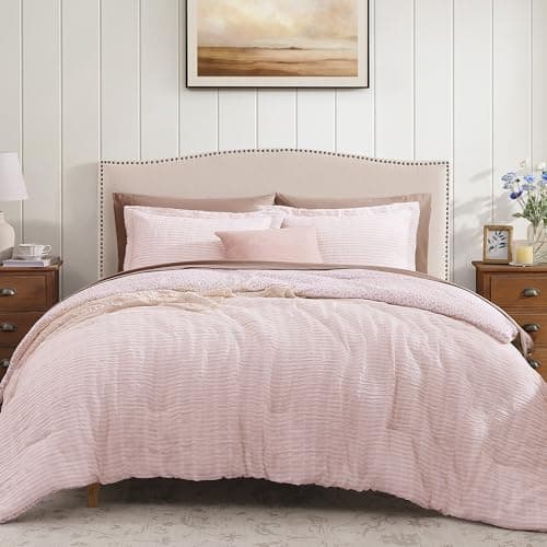 BLOOMHAVEN King Comforter Set - 7 Pieces Pink Bedding Sets for All Seasons, Lightweight Breathable Bed in a Bag King with Revesible Farmhouse Comforter, Sheets, Pillowcases & Shams - Image 1