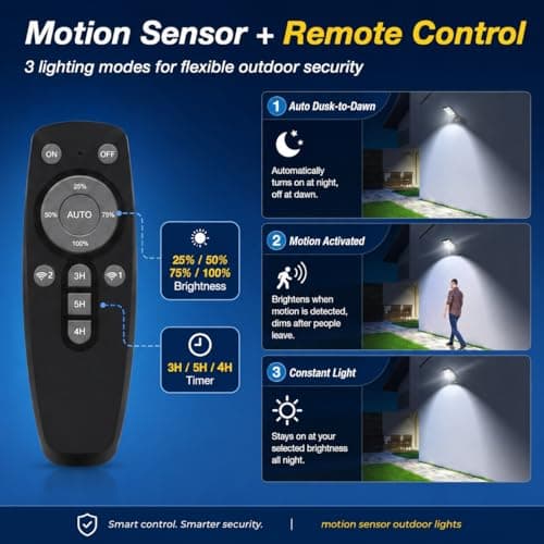 Vipzon Solar Lights Outdoor, 2 Pack Motion Sensor Outdoor Lights Waterproof, Solar Flood Lights Outdoor with Remote, Dusk to Dawn Solar Outdoor Lights for Yard Patio Garage Garden Security Lighting - Thumbnail 5