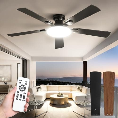 52 Inch Ceiling Fan with Lights and Remote, 30W 12" LED Panel Flush Mount Ceiling Fan, 6-Speed Quiet DC Motor Modern Low Profile Ceiling Fan with Reversible Blades for Bedroom, Living Room, Patio - Image 1